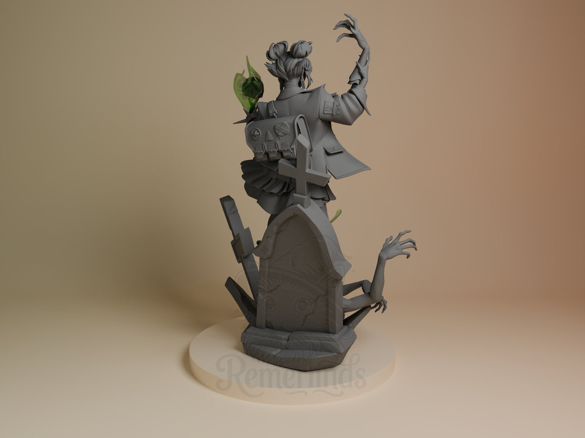 Back view of Graves from Deadlock, an unpainted resin figure with raised arms and sculpted base.