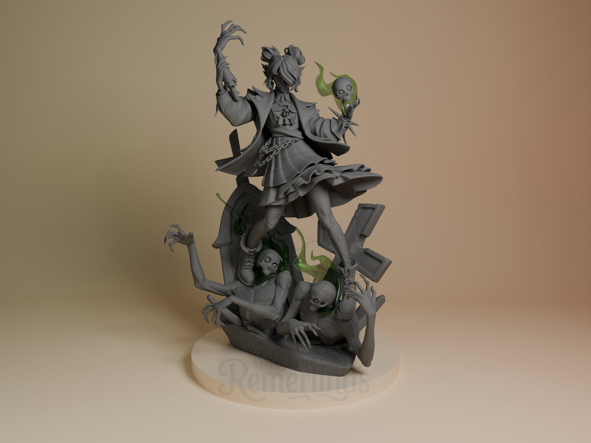 Front view of Graves from Deadlock, an unpainted resin figure with green effects on a sculpted undead base.