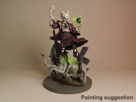 Graves resin figure from Deadlock standing on skeletal base, holding magical skull, painted in burgundy and black with green accents on neutral base.