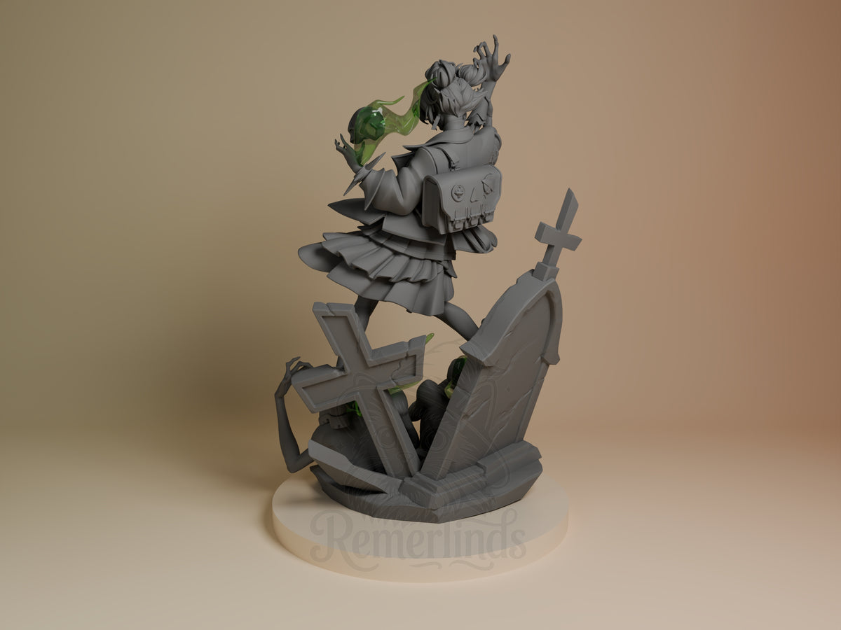 Graves from Deadlock is an unpainted resin figure in rear view above a sculpted graveyard base.