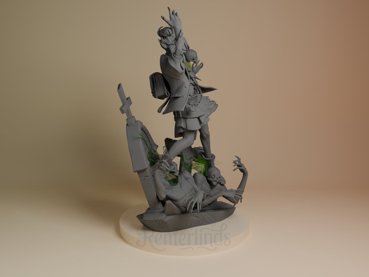 Graves from Deadlock resin figure stands in profile, unpainted gray on a sculpted base.