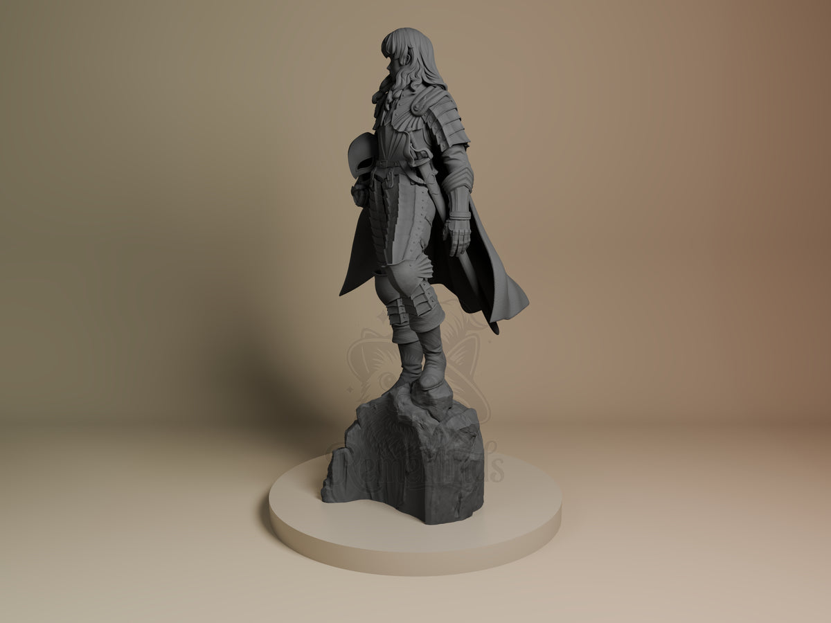 Griffith from Berserk stands in profile as an unpainted resin figure with armor and cape on a rocky base.