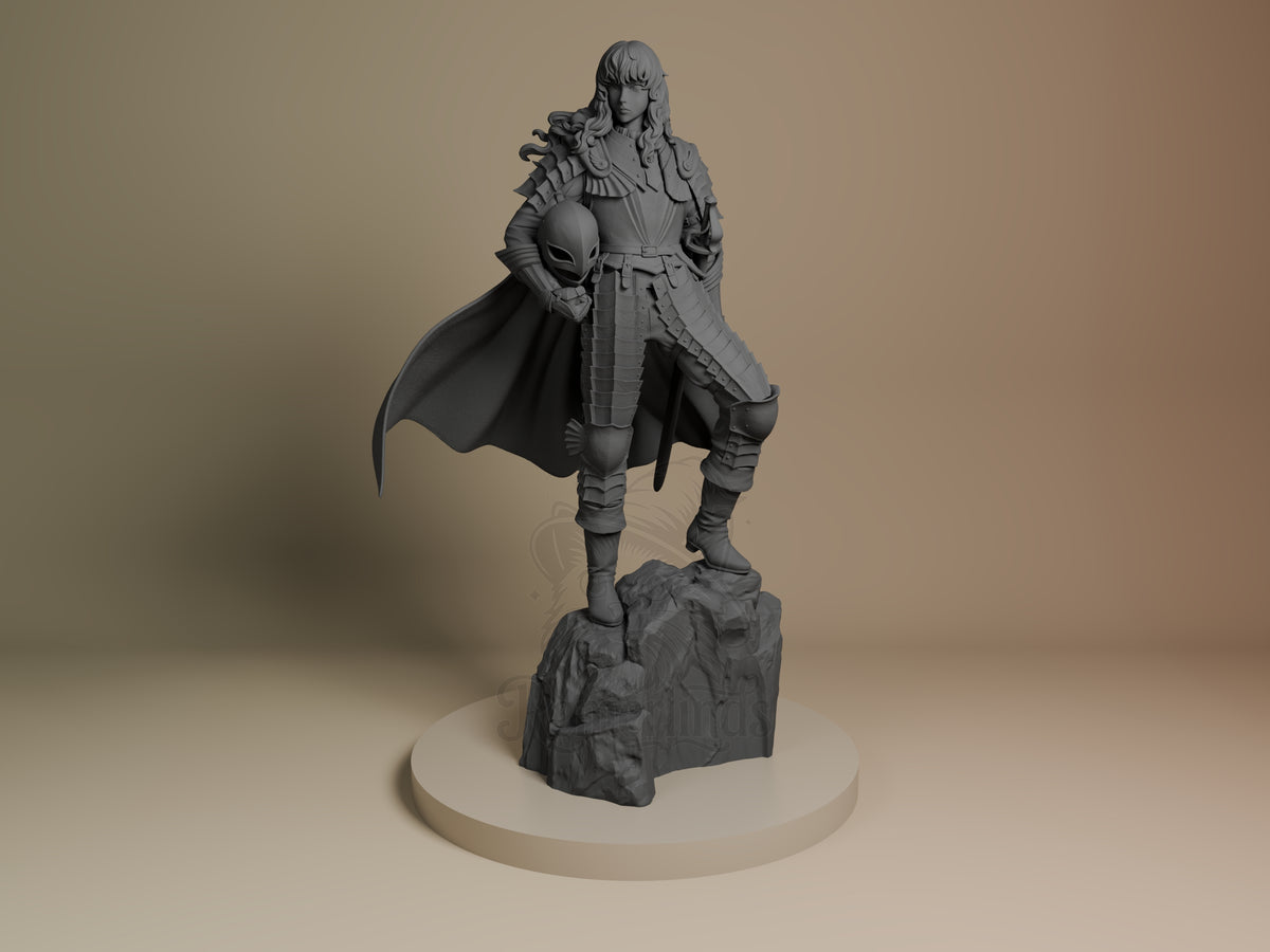 Griffith from Berserk faces front as an unpainted resin figure on a sculpted rock base.