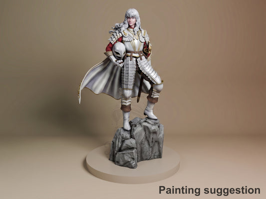 Griffith resin figure from Berserk standing on rocky base, white armor and cape painted, holding helmet, facing forward on beige display platform.