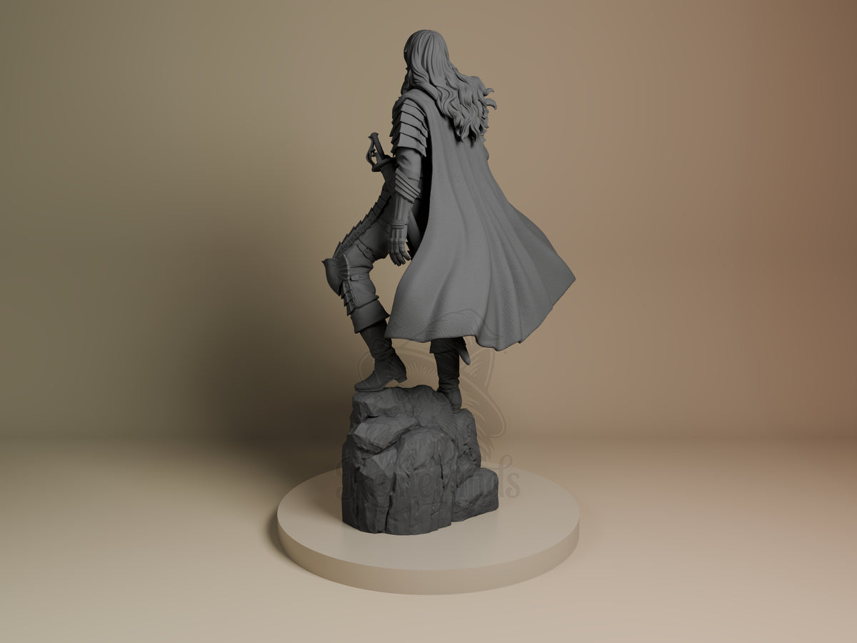 Unpainted Griffith from Berserk resin figure shown from the rear-left, cloaked and armored on a sculpted rocky base.