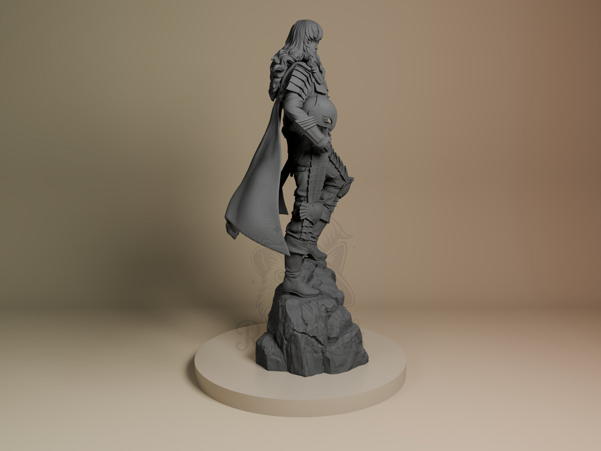 Right-side view shows unpainted Griffith from Berserk, a resin figure with cape on rocky base.