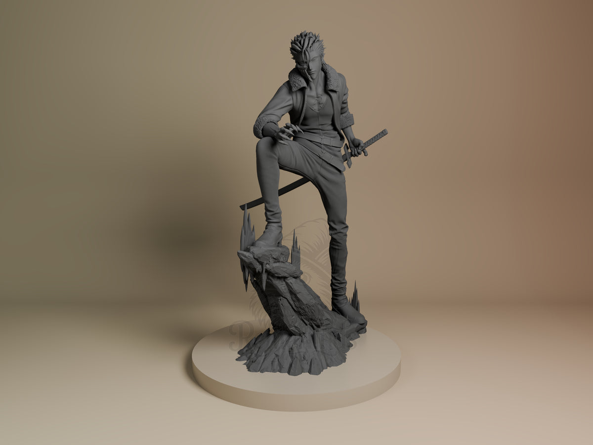 Blue Jaguar Soul Reaper Saga 3D printed resin figure by myAnimate, unpainted front view. The miniature figure depicts the character in a poised stance, foot resting on a rugged rock formation, holding a katana in one hand. The detailed fur-lined jacket, layered attire, and wild hair add distinct personality and dynamic flair. The rocky base enhances the figure's grounding and thematic effect, invoking a rugged, battle-ready atmosphere.