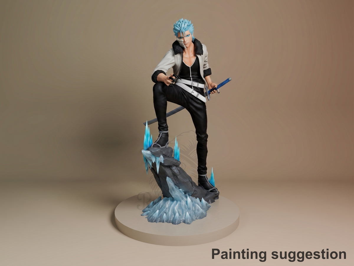 Painted Grimmjow from Bleach resin figure poses with one knee raised, sword on an icy rock base.
