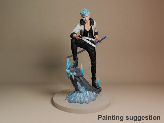 Grimmjow resin figure in dynamic pose on icy base, light blue spiky hair, white and black outfit, holding blue sword, fully painted.