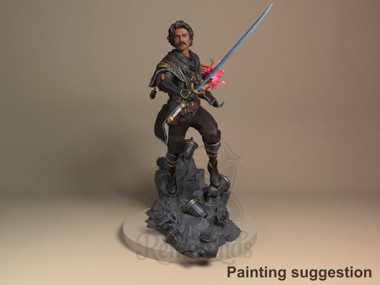 Painted Gustave from Expedition 33 resin figure poses with a sword on a rocky sculpted base.