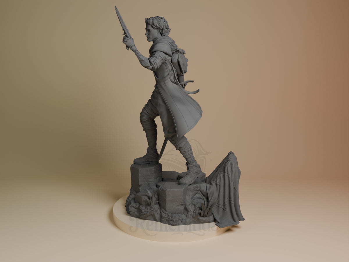 Gustave from Expedition 33 is an unpainted resin figure shown from the side with sword and sculpted base.