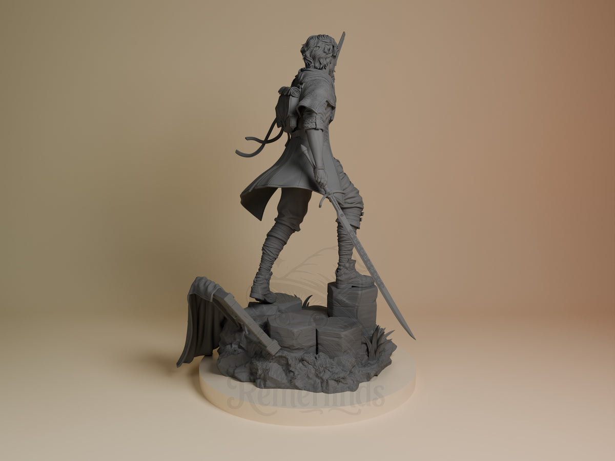 Back view of Gustave from Expedition 33, an unpainted resin figure with sword on a sculpted base.