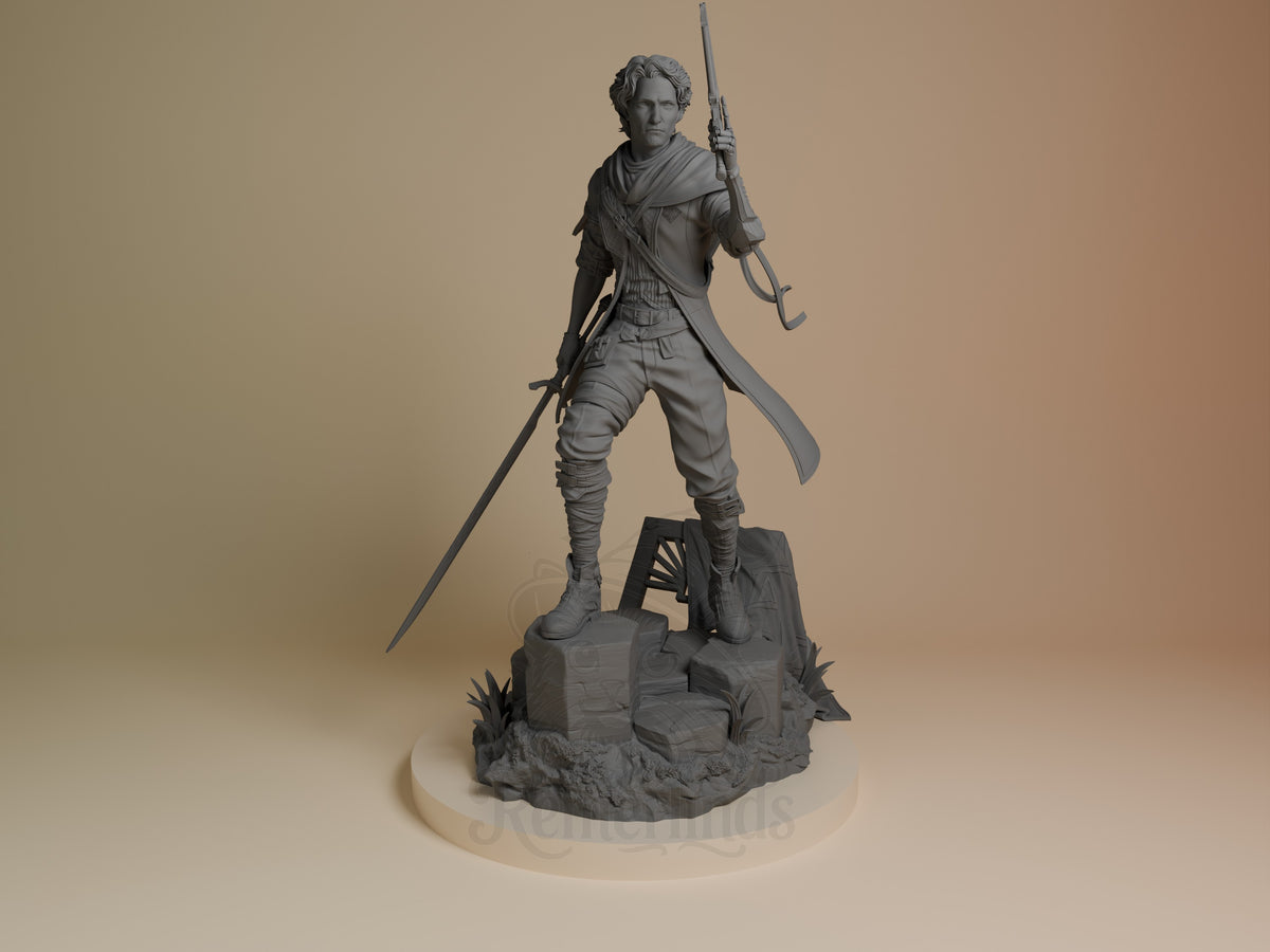 Gustave from Expedition 33 is an unpainted resin figure, front-facing with sword and pistol on a sculpted base.