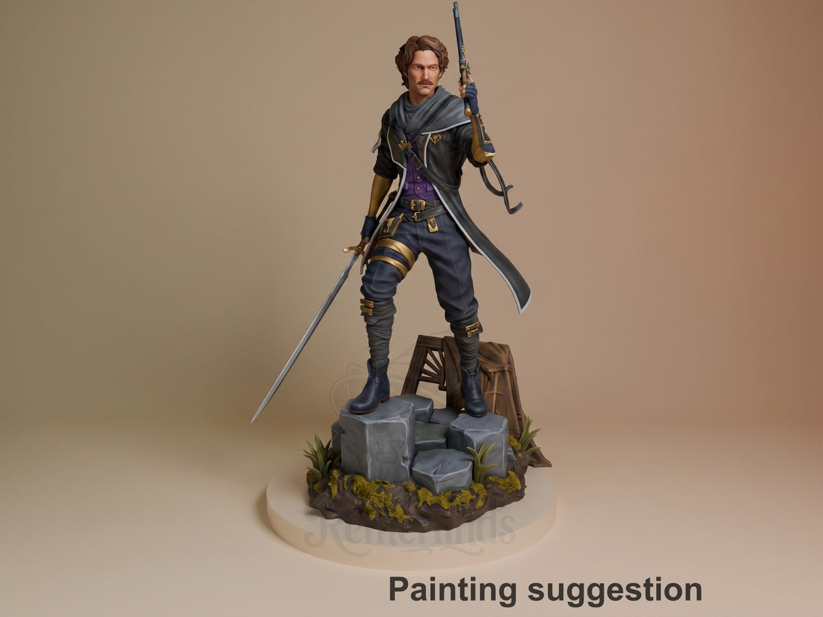 Painted Gustave from Expedition 33 resin figure stands with two swords on a sculpted base.