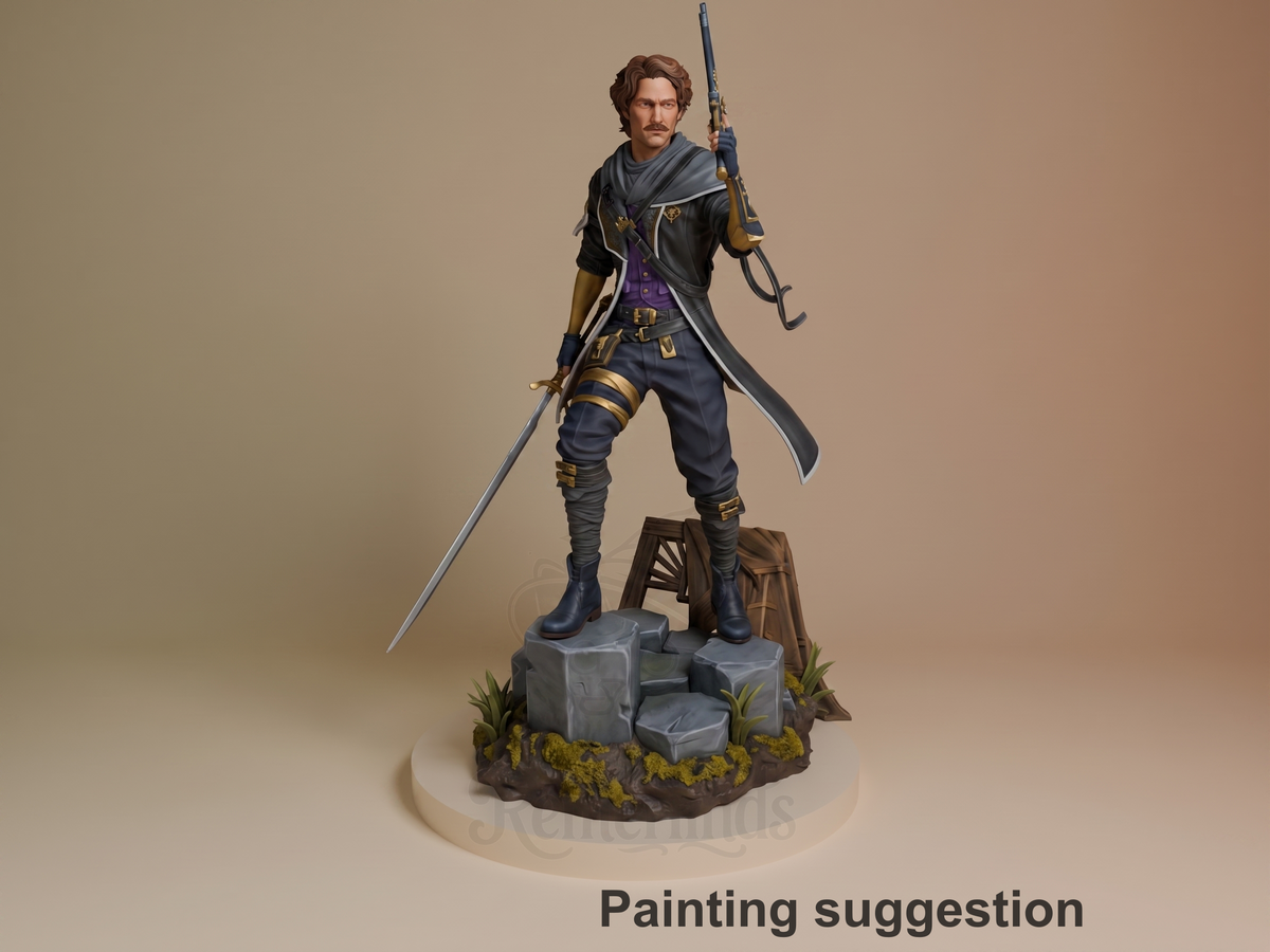 Gustave from Expedition 33 stands as a painted resin figure with sword and rifle on a sculpted base.