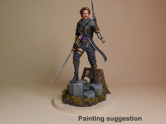 Gustave from Expedition 33 stands as a painted resin figure with sword and rifle on a sculpted base.