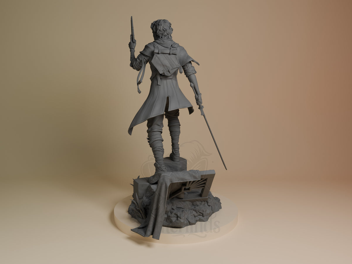 Gustave from Expedition 33 is a rear-facing, unpainted resin figure with raised weapon and sculpted rocky bench base.