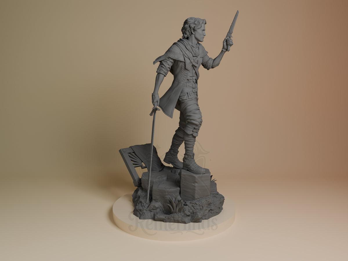 Gustave from Expedition 33 is an unpainted resin figure, right-facing with two swords on a rocky base.