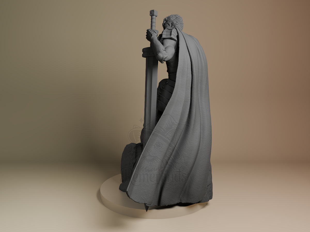 Guts resin figure from Berserk shown at angle, wearing flowing cape and armor, holding large sword overhead, unpainted gray finish on round base.
