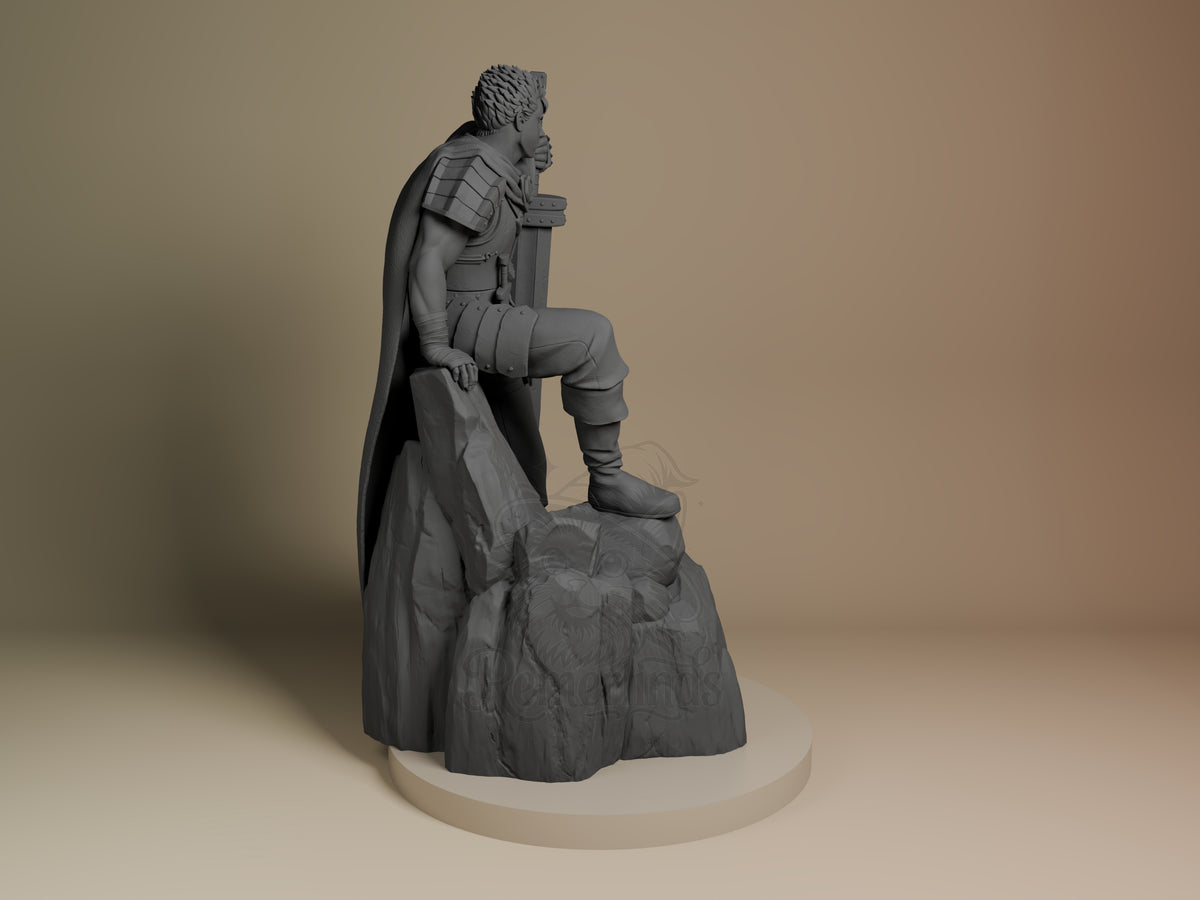 Guts from Berserk resin figure shown from behind, kneeling on rocky base with cape flowing, unpainted gray finish, detailed armor and sword visible.