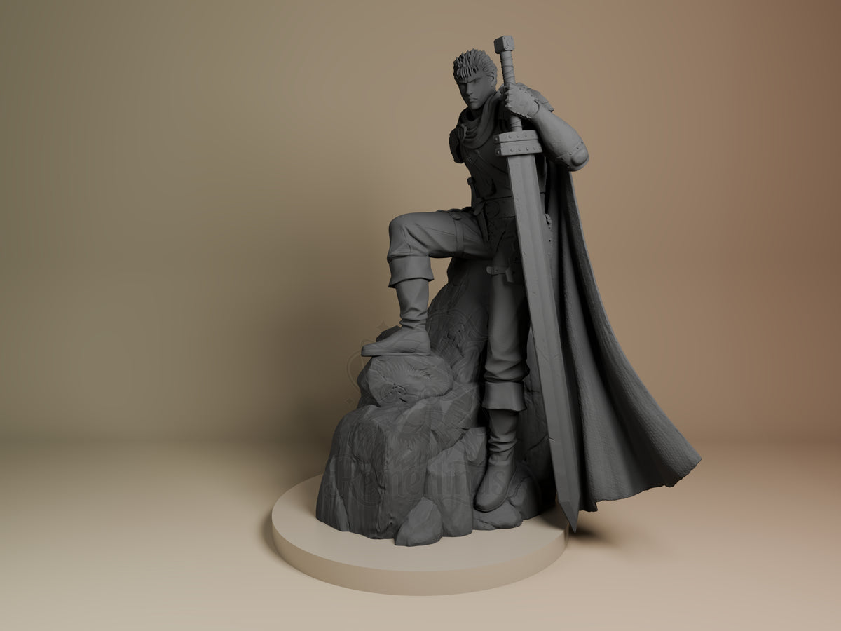 Guts resin figure from Berserk in unpainted gray, posed kneeling on rocky base holding large sword, shown from front angle with flowing cape.