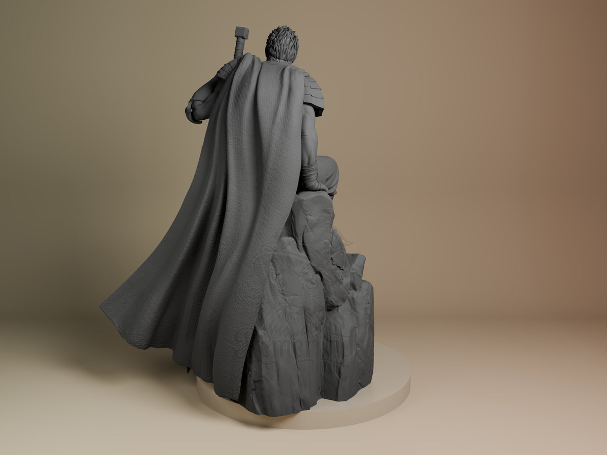 Guts from Berserk resin figure shown from behind, wearing flowing cape and holding sword, unpainted gray finish on neutral base.