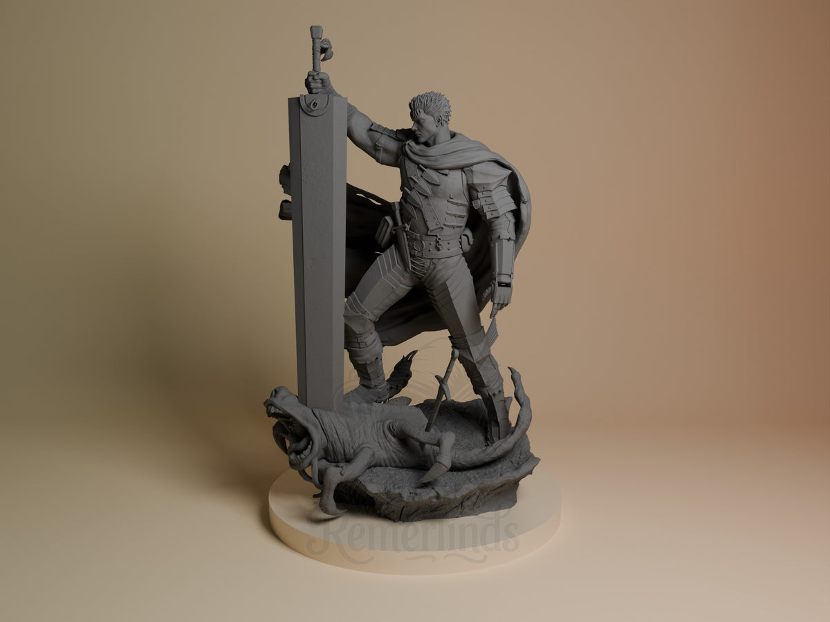 Guts from Berserk resin figure shown at angle, unpainted gray, wielding large sword with beast base, dynamic standing pose.