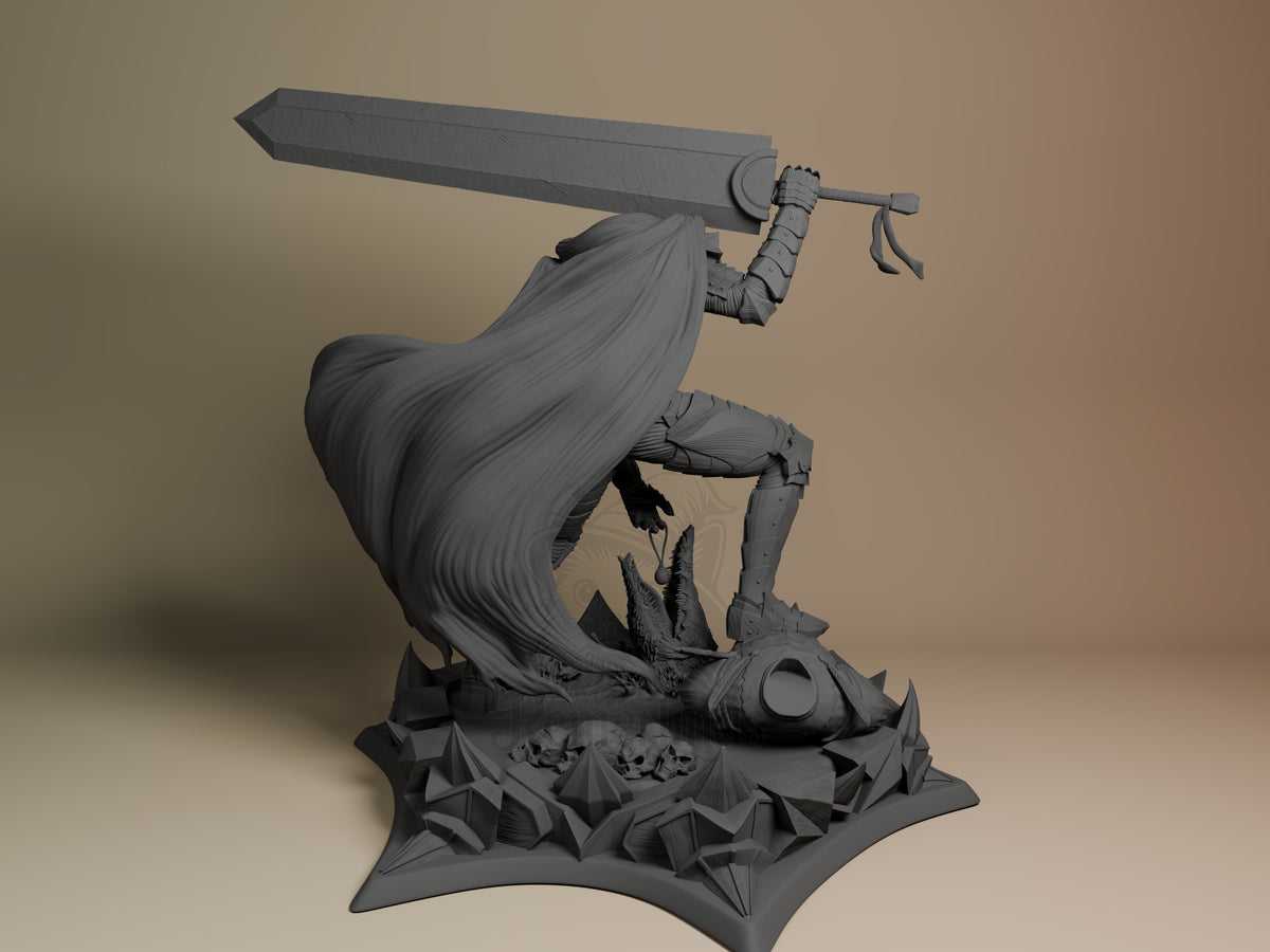 Unpainted Guts from Berserk is shown from behind, raising a sword as a resin figure on a spiked base.