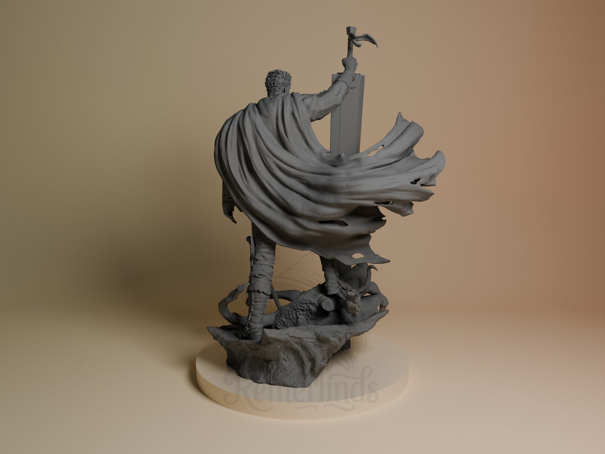 Guts from Berserk resin figure viewed from behind, showing flowing cape detail, raised sword arm, and rocky base, unpainted gray finish.