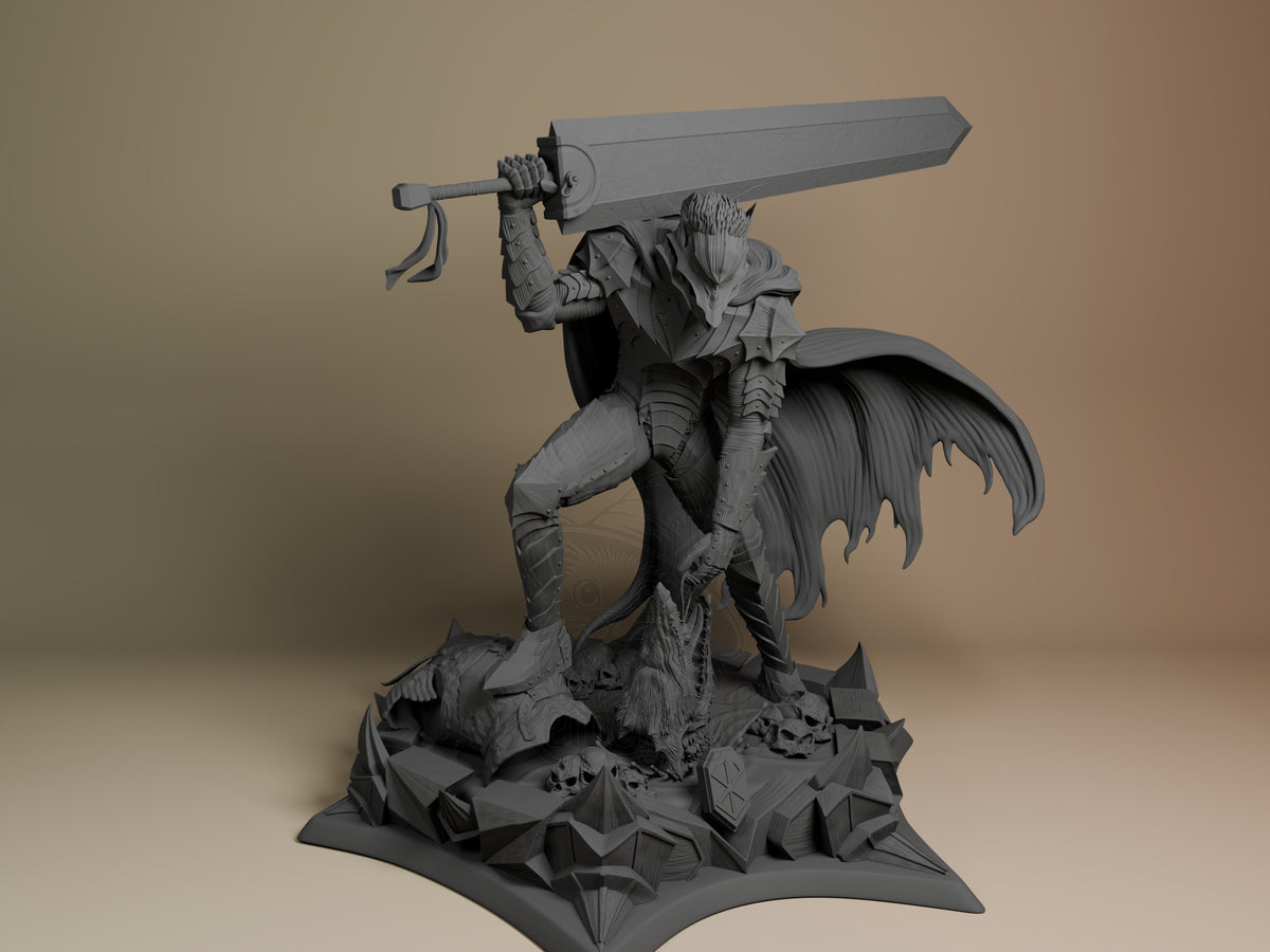 Unpainted Guts from Berserk resin figure faces forward, raising a greatsword on sculpted base.