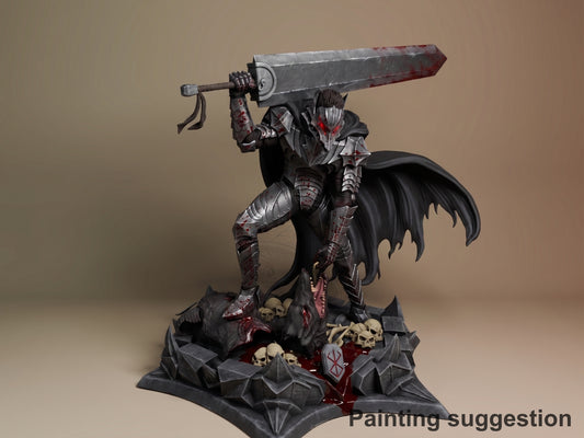 Guts from Berserk resin figure in dynamic pose holding massive sword overhead, detailed armor painted black and red, winged cape, skulls and blood effects on base.