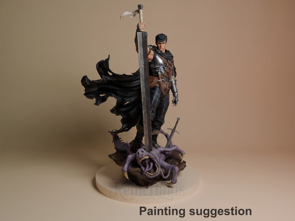 Guts from Berserk is a painted resin figure with a raised sword on a sculpted base.