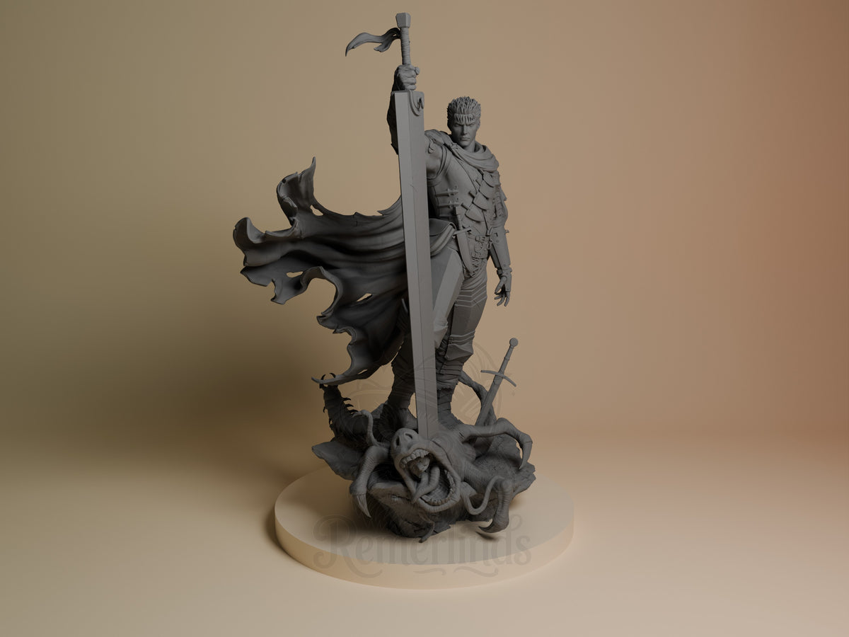 Guts from Berserk resin figure shown front-facing, holding large sword overhead with flowing cape, unpainted gray finish, detailed base with serpent motif.