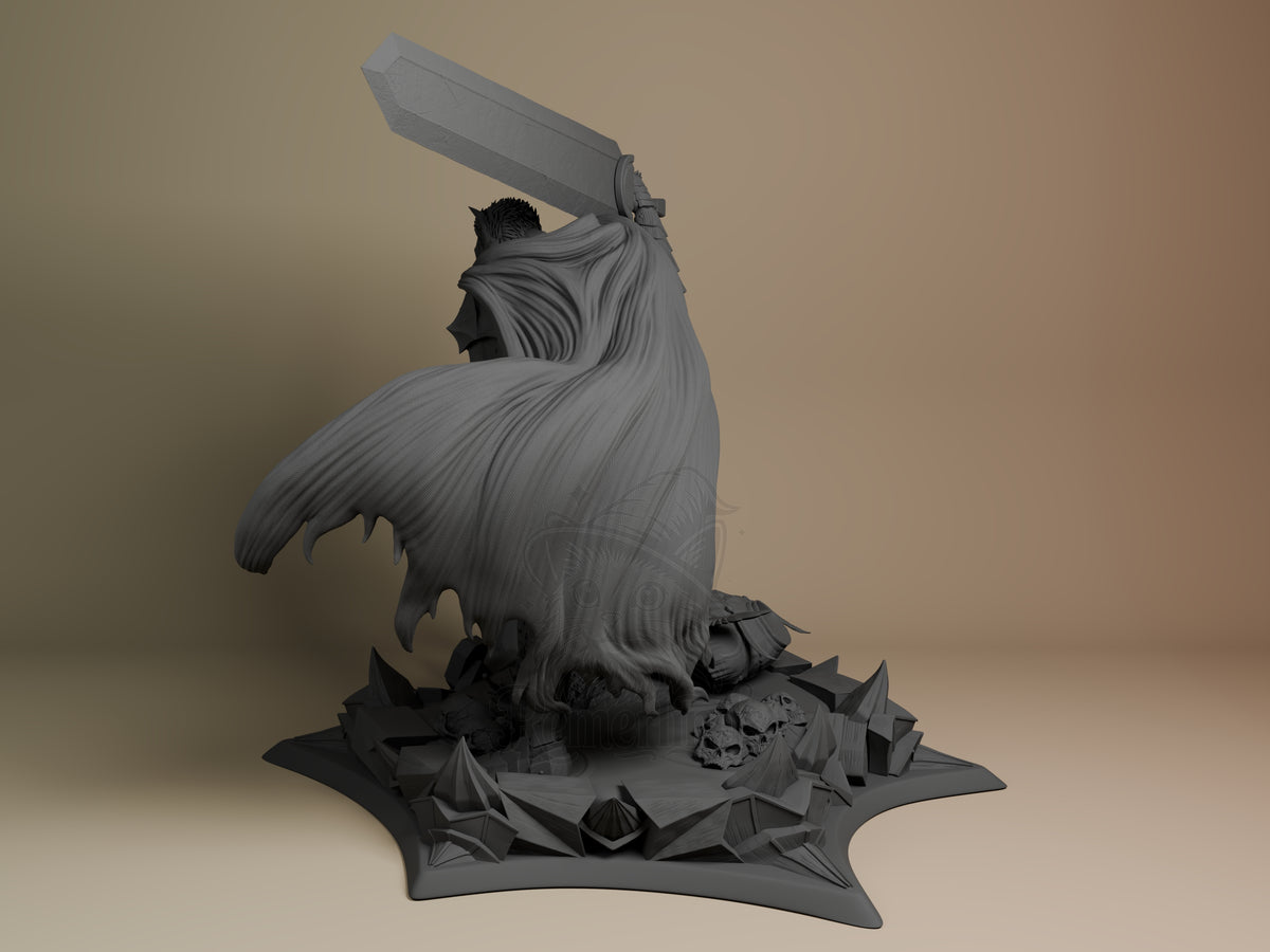 Rear three-quarter view of unpainted Guts from Berserk, a resin figure with raised sword, cloak, and skull-strewn spiked bas.