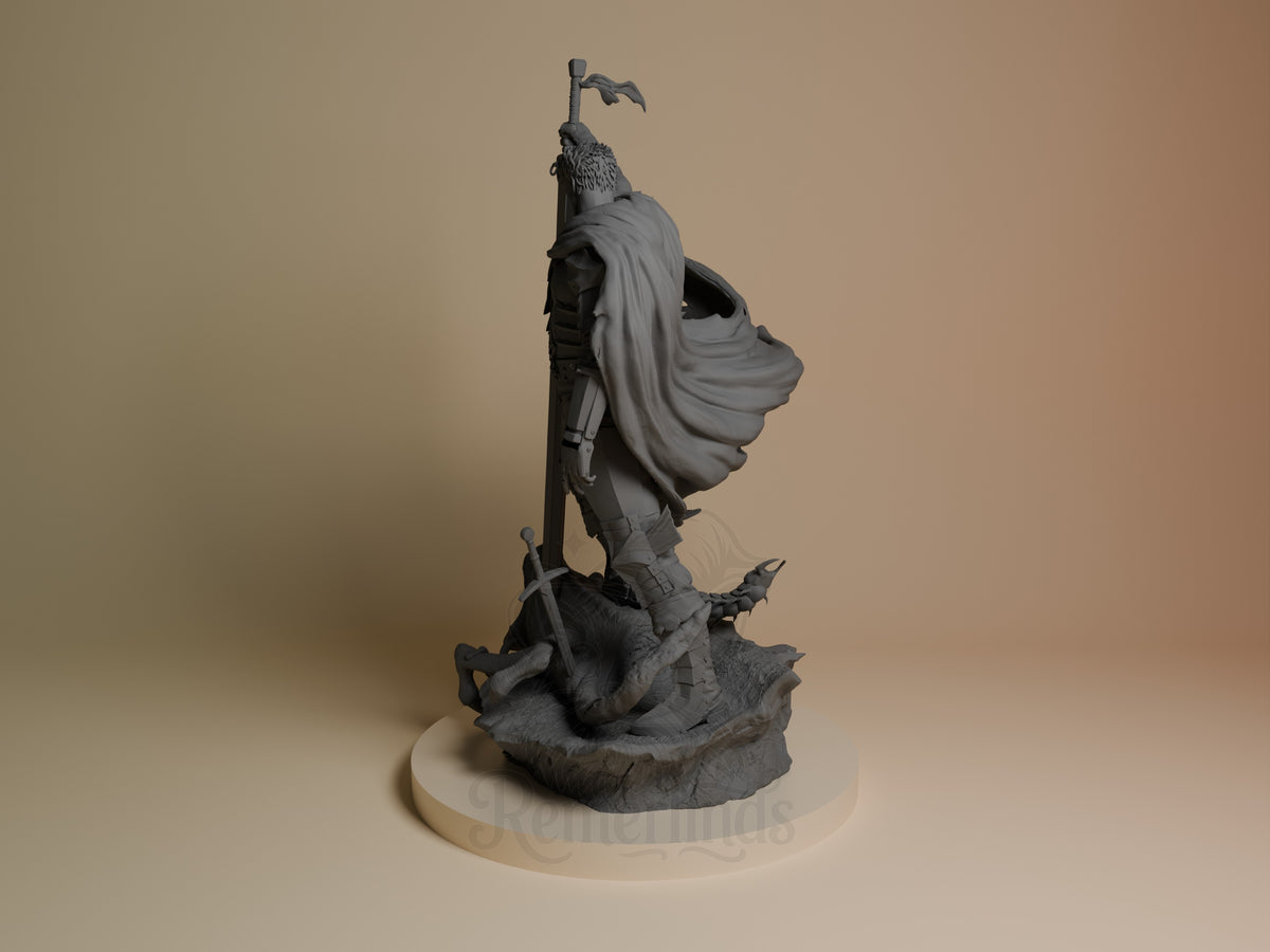 Guts from Berserk resin figure shown from left profile, wielding the Dragonslayer sword with flowing cape, unpainted gray finish on textured base.