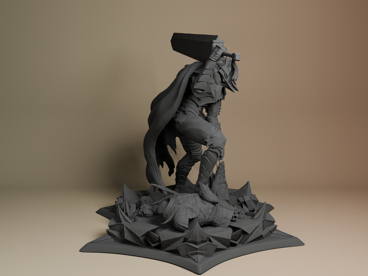 Right view shows Guts from Berserk, an unpainted resin figure crouching with sword on a base.