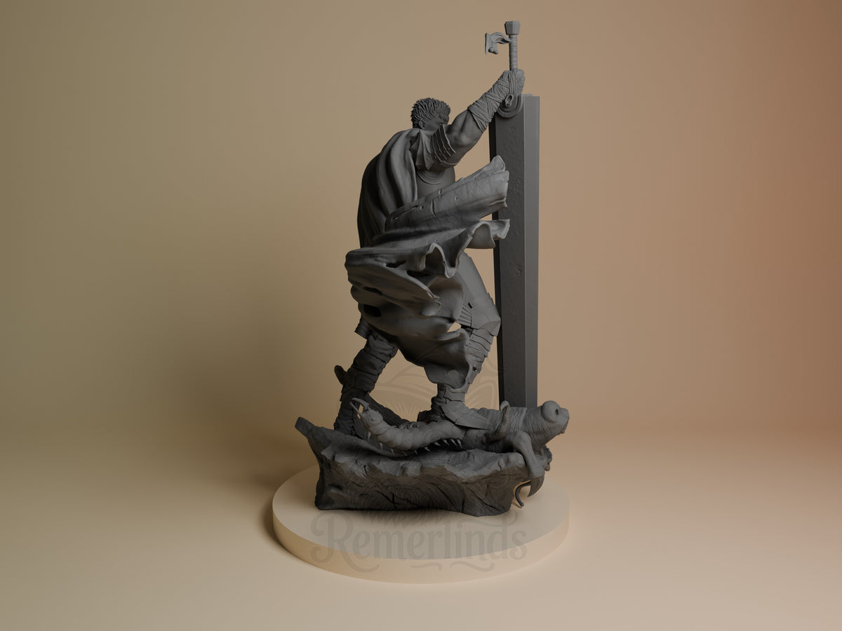 Guts from Berserk 3D printed resin figure shown from the right side, climbing a pole with sword, unpainted gray finish on wooden base.