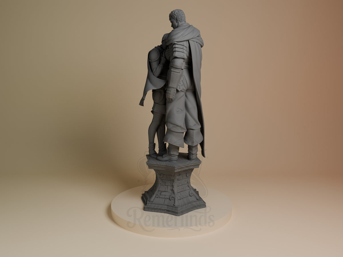 A rear-angle unpainted resin figure of Guts and Casca from Berserk stands on an ornate base.