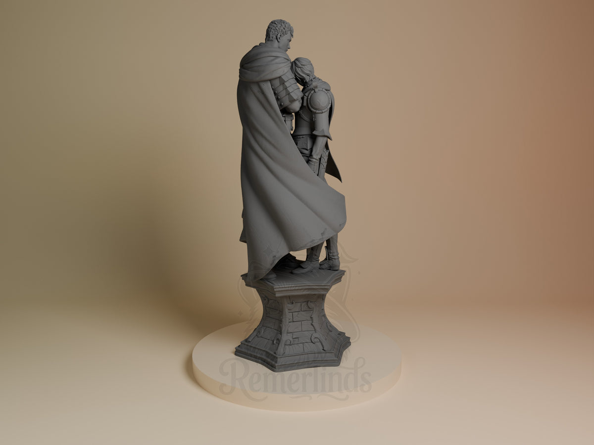 Back-angle view of unpainted Guts and Casca resin figure from Berserk, embracing on a sculpted base.