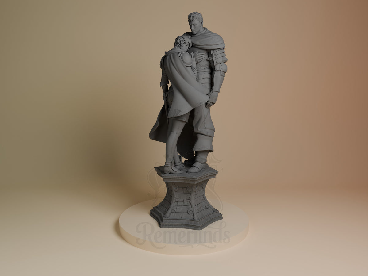 Front-view unpainted resin figure depicts Guts and Casca from Berserk embracing on a sculpted pedestal.