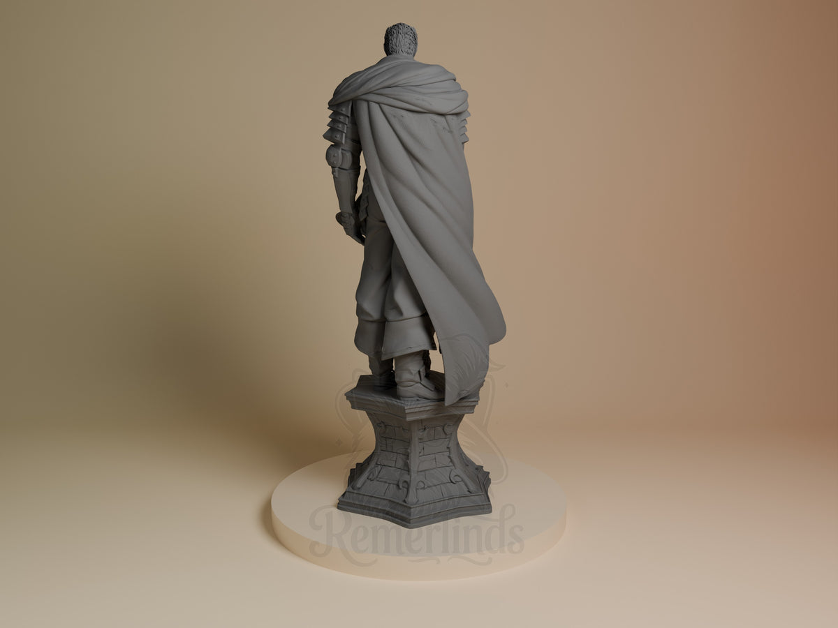 Back view shows Guts and Casca from Berserk as an unpainted gray resin figure on an ornate sculpted base.