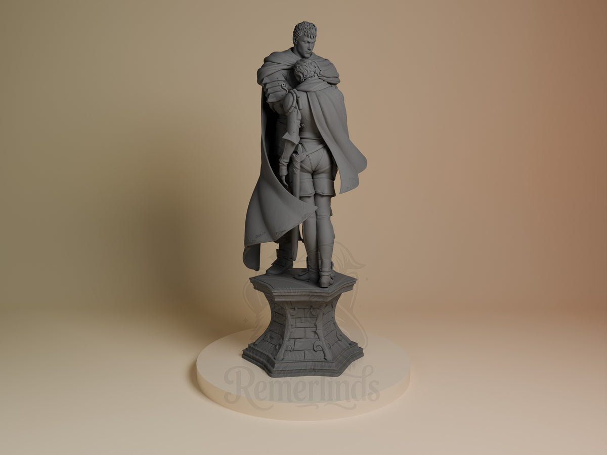 Front three-quarter view shows unpainted Guts and Casca resin figure from Berserk on a sculpted base.