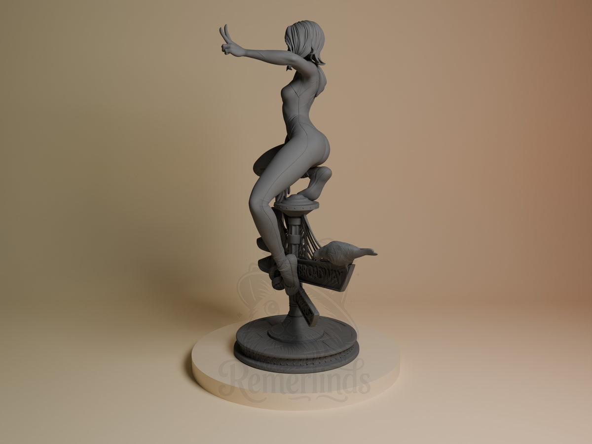 Web Weaver Girl resin figure in dynamic pose on circular base, shown from angled side view, unpainted gray resin detail.