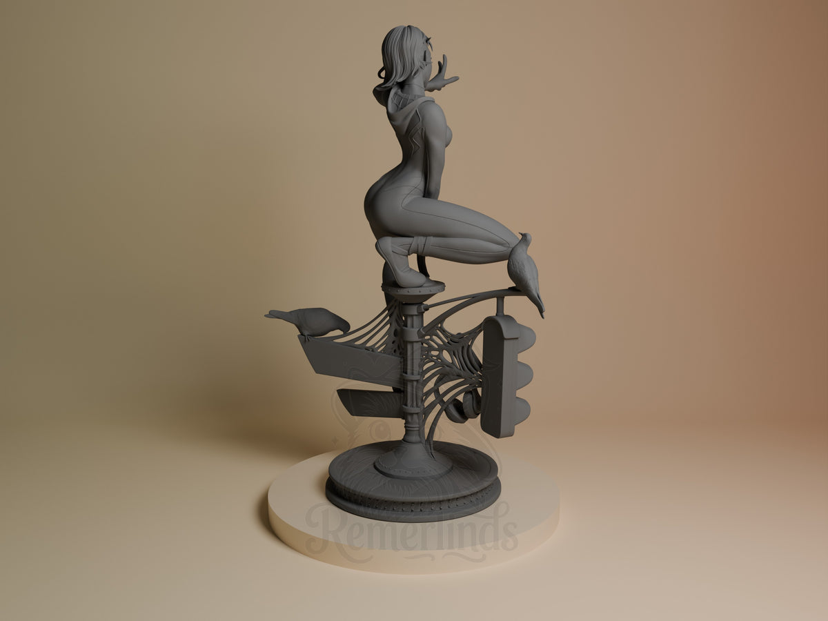 Web Weaver Girl resin figure shown from back angle, posed kneeling on mechanical base, unpainted gray finish, detailed articulated limbs visible.