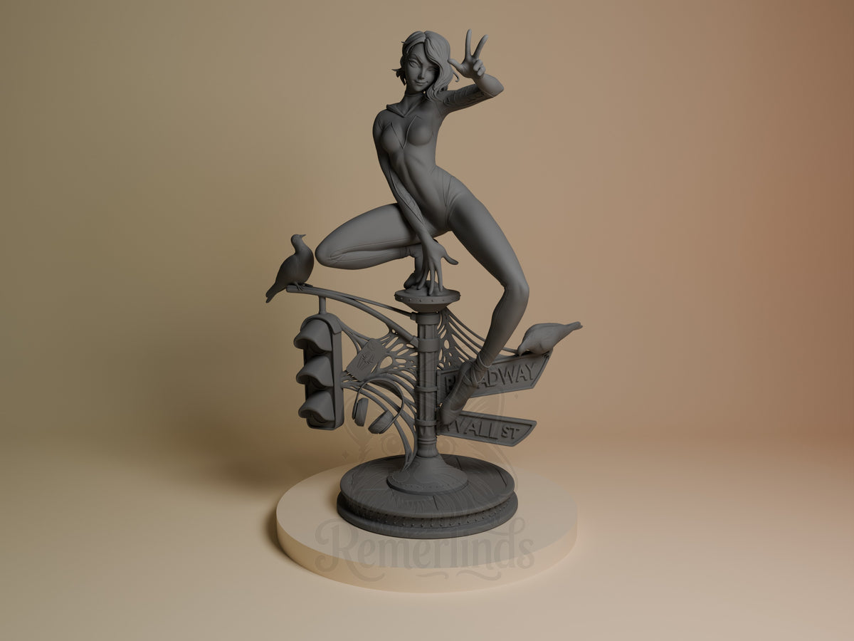 Web Weaver Girl resin figure posed on themed street sign base with traffic light and bird details, unpainted gray finish, front three-quarter view.