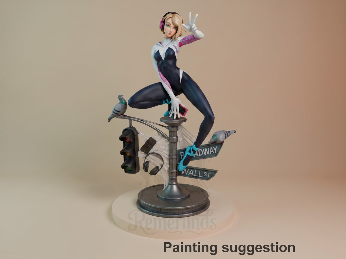 Web Weaver resin figure posed on Broadway-Wall St street sign base with traffic light, pigeons, and headphones, painted in black suit with pink accents.