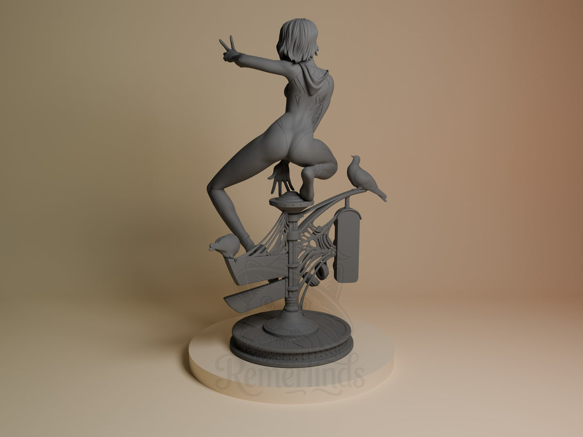 Web Weaver Girl resin figure shown from left side in dynamic pose on decorative base with birds, unpainted gray finish.