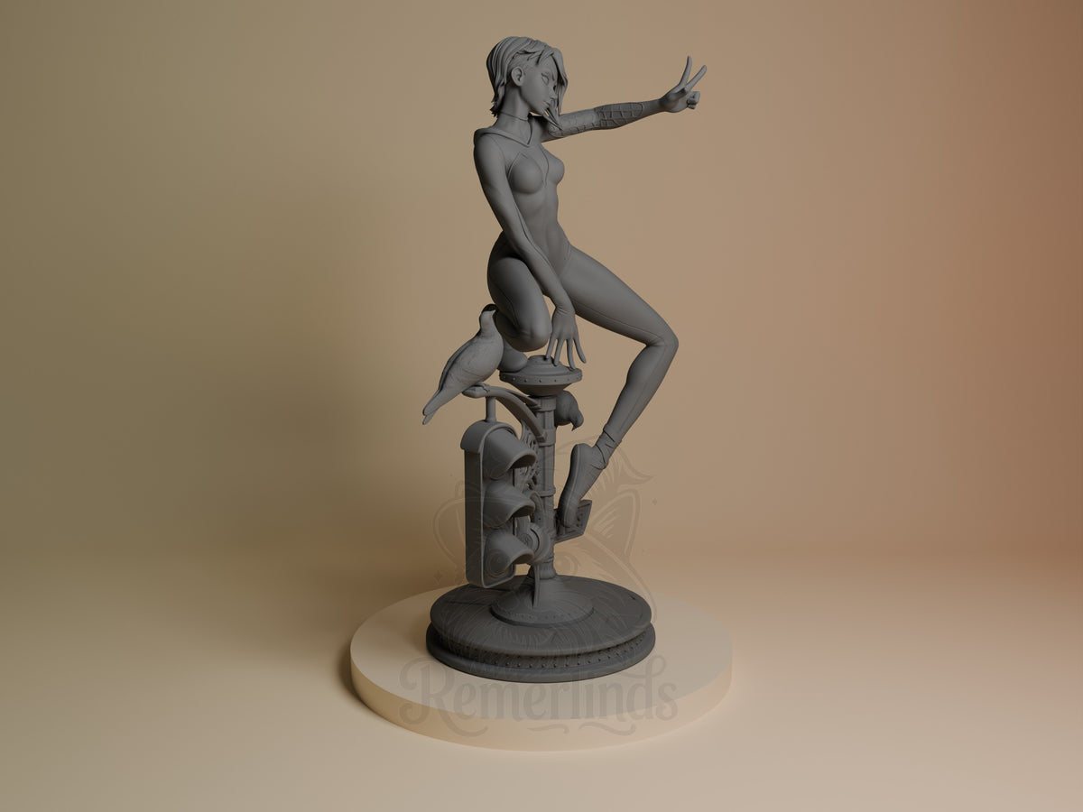 Web Weaver Girl resin figure in dynamic pose on sculptural base, shown from right angle, unpainted grey finish, left arm extended.