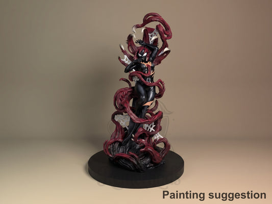 Painted resin figure of Venomous Heroine from Spiderman crouches amid tendrils on a sculpted base.