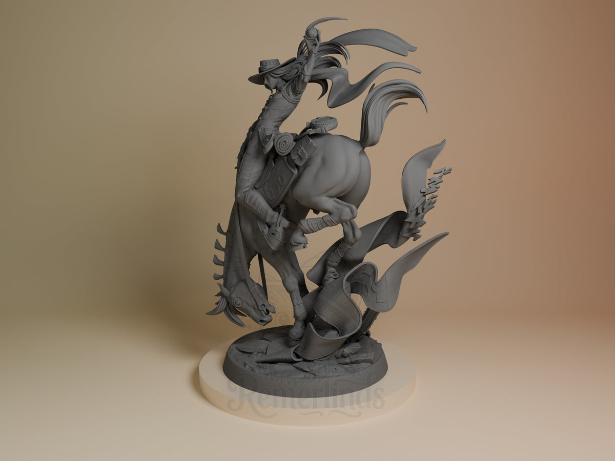 Gyro Steel Ball Run resin figure shown at angle, displaying dynamic pose with spinning ball, detailed clothing, and unpainted gray finish on circular base.